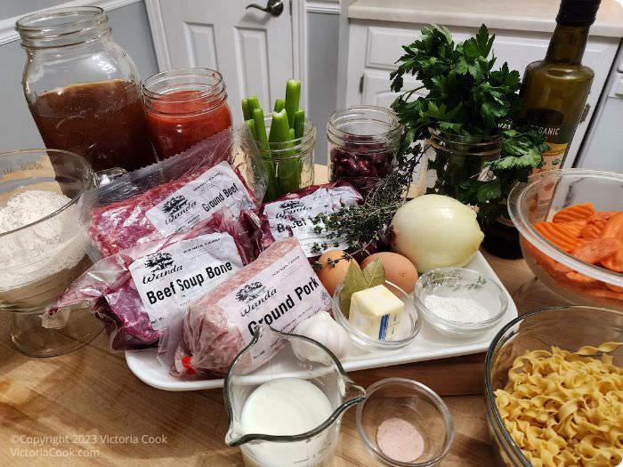 All the ingredients for Beef Vegetable Soup with dumplings and meatballs