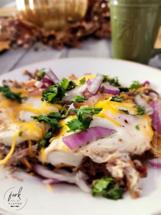 A bowl Chilaquiles and eggs made of shredded beef on top of taco chips covered with a fried egg garnished with red onion, melted shredded cheddar cheese, and cilantro sitting on a table by a cup of coffee