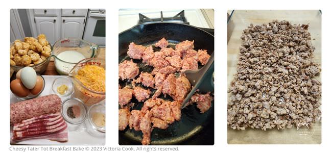 Ingredients and browning of the breakfast sausage for Cheesy Tater Tot Breakfast Bake