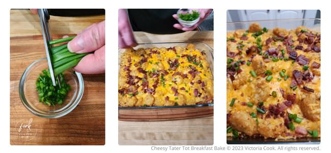 Garnishing and completing the cooking of the Cheesy Tater Tot Breakfast Bake