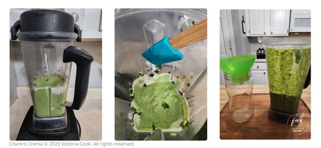 Making cilantro crema in the blender