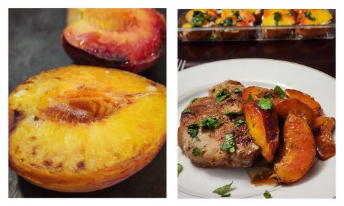 Cooked peaches and plated pork chops with fresh peaches and basil