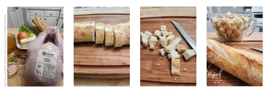 Prepping the bread for old-fashioned bred stuffing.