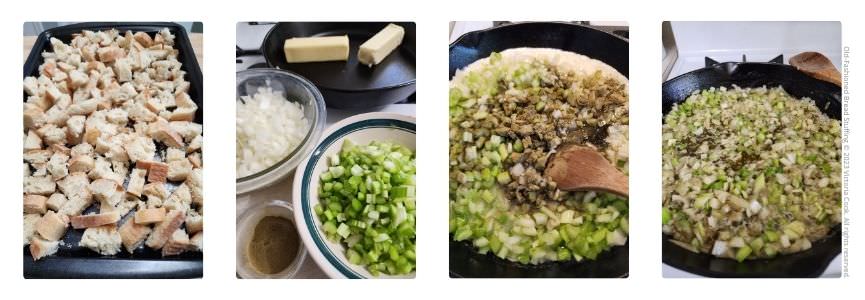 Sauteing the celery, Onions, and spices in butter for the old-fashioned bread stuffingl