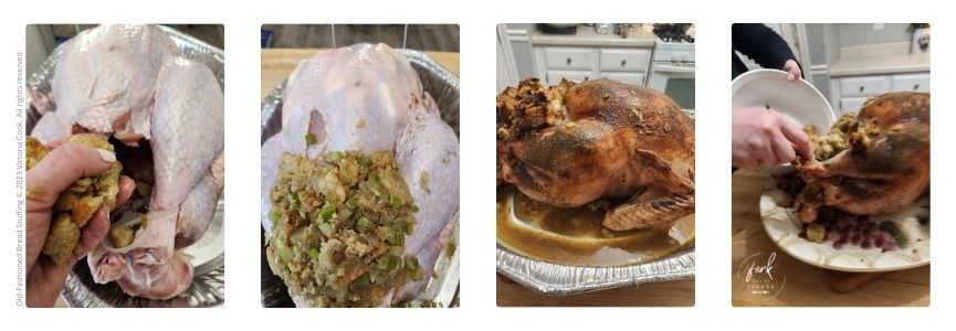 Our cooked stuffed turkey with old-fashioned bread stuffing.