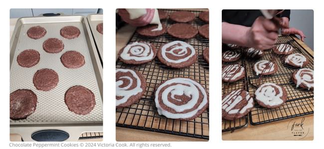 Chocolate Peppermint Cookies - Prep2 Three photos showing the baked cookies, add a swirl of peppermint frosting, a drizzle of chocolate and topped with some crushed candy cane.