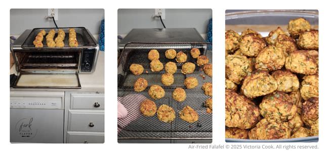 Air-Fried Falafel - Prep2 Falafel balls going into the air-fryer and a photo of cooked air-fried falafel
