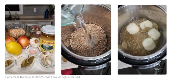 Homemade Hummus - Prep1 Three photos showing the ingredients for cooking dry garbanzo beans in the Instant Pot and all the ingredients in the pot ready to be cooked.