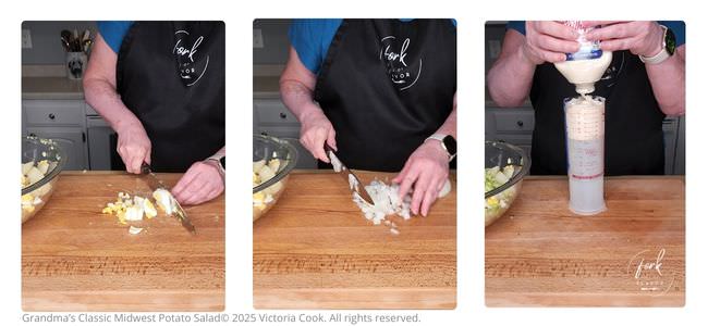 Chopping eggs and onions and measuring Miracle Whip for the Classic Midwest Potato Salad