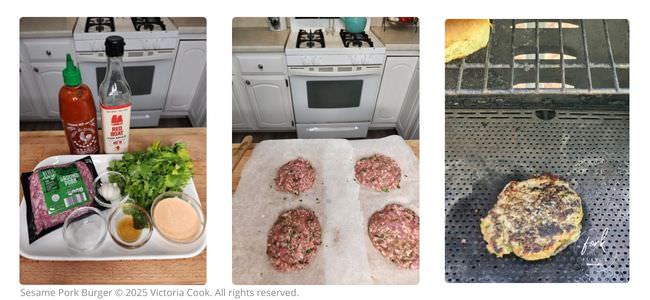 The ingredients for making the Sesame Pork Burgers, formed patties and a patty grilling.