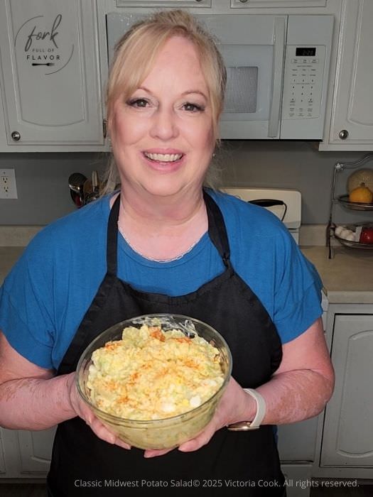 Victoria Cook with a tasty bowl of Grandma's Classic Midwest Potato Salad