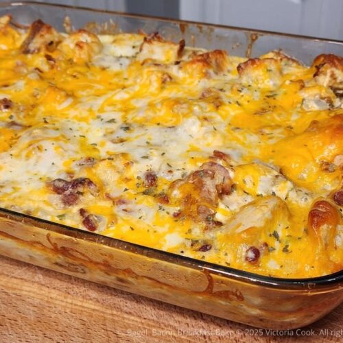 A delicious Bagel Bacon Breakfast Bake great for meal prep or holiday breakfast