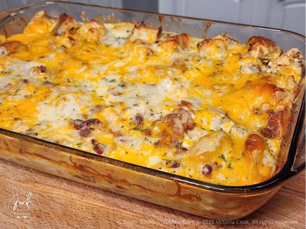 Bagel Breakfast Bake - Hero A delicious Bagel Bacon Breakfast Bake great for meal prep or holiday breakfast