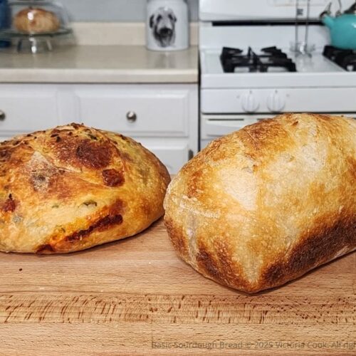 Two sourdough bread loaves made during my Beginner Sourdough Bread Tutorial