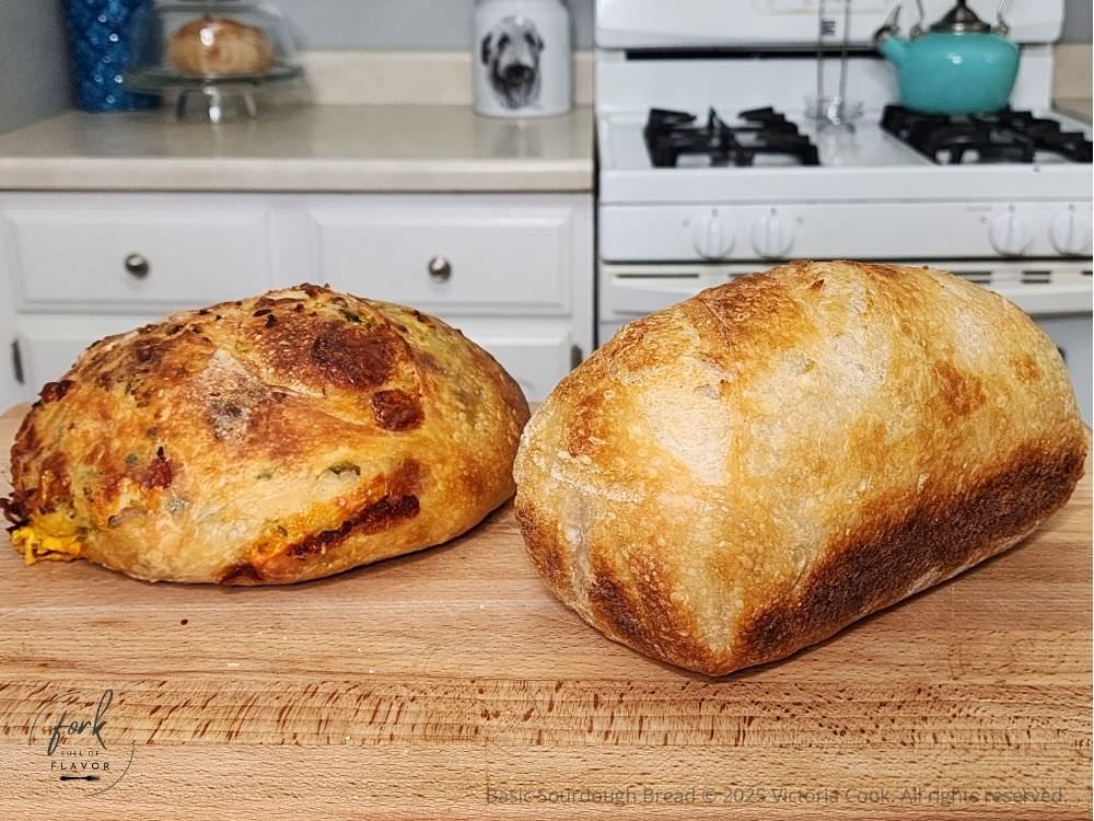 Two sourdough bread loaves made during my Beginner Sourdough Bread Tutorial