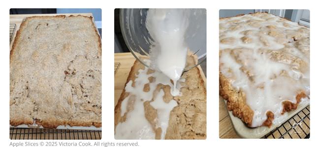 The final baked and frosted apple slices.