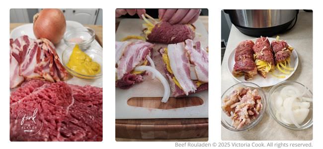 Preparing the ingredients and rolling the beef rouladen for cooking