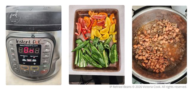 Cooking dried beans to make Instant Pot Refried Beans and roasting peppers to add to the cooked beans.