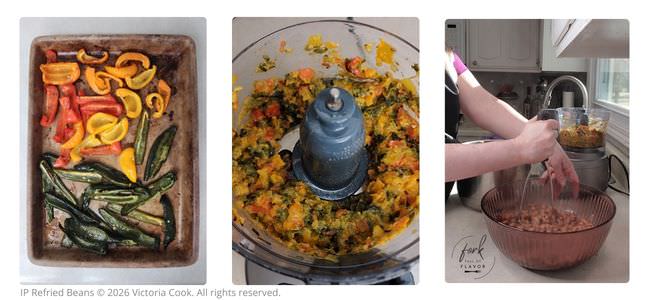 Finishing making Instant Pot Refried Beans by adding some roasted peppers.